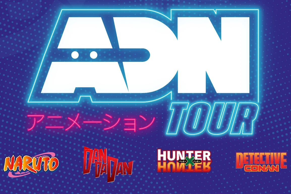 Visuel officiel de l'ADN Tour avec les logos de Naruto, Dan Da Dan, Hunter x Hunter et Détective Conan