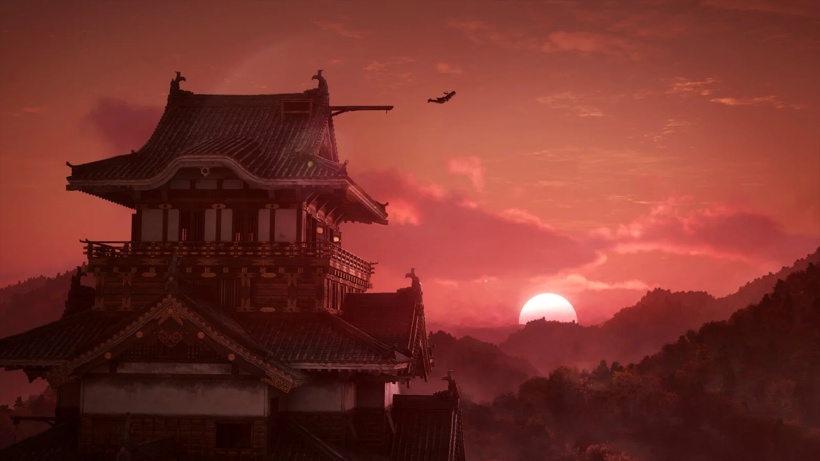 Un château japonais au soleil couchant dans Assassin's Creed Shadows