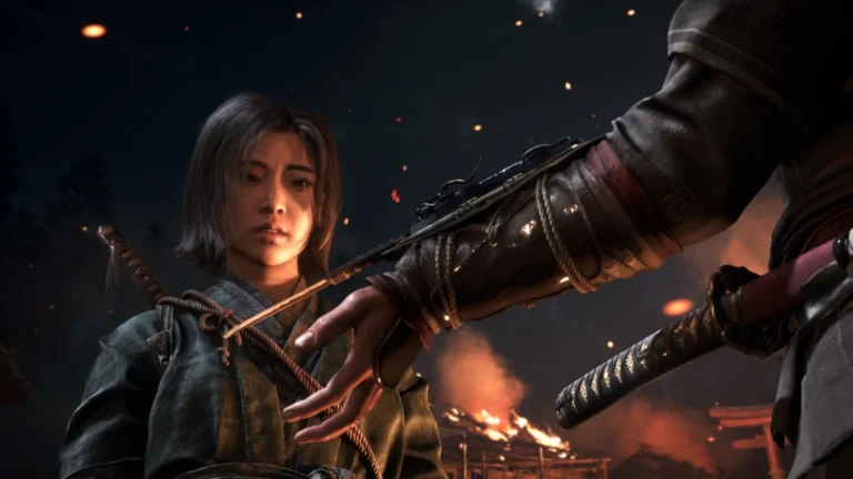 Naoe, katana en main, dans une cinématique nocturne d'Assassin's Creed Shadows