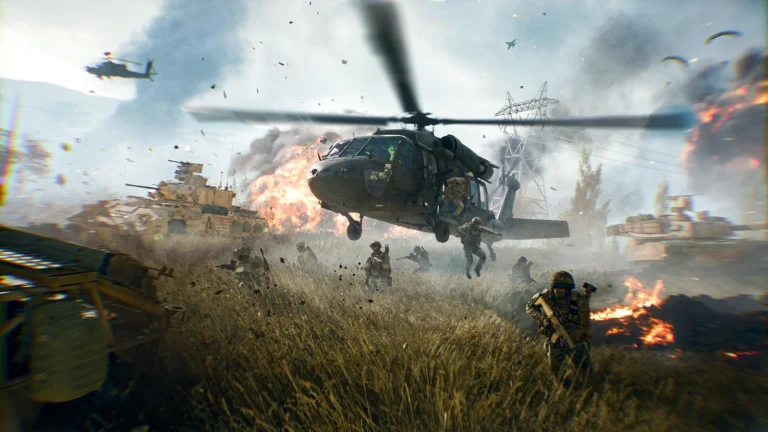 Battlefield 6 : un hélicoptère survole des soldats dans les hautes herbes