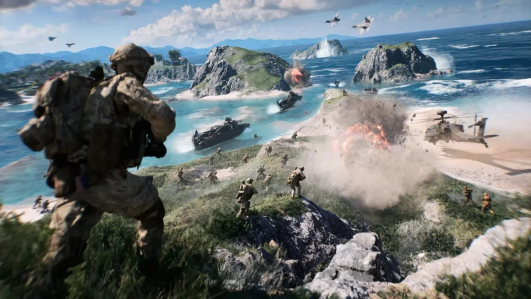 Battlefield 6, un soldat face à une île attaquée par hélicoptères