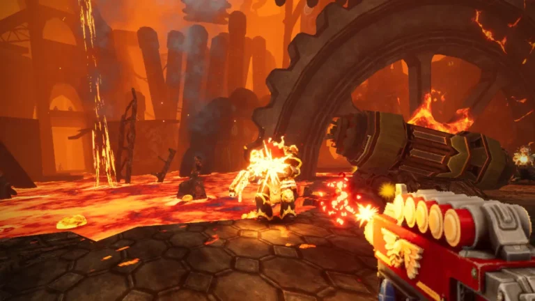 Warhammer 40,000: Boltgun 2 : le joueur tire au bolter dans une forge en fusion