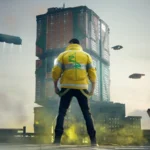 Cyberpunk 2077 : V, veste jaune, face aux tours de Night City