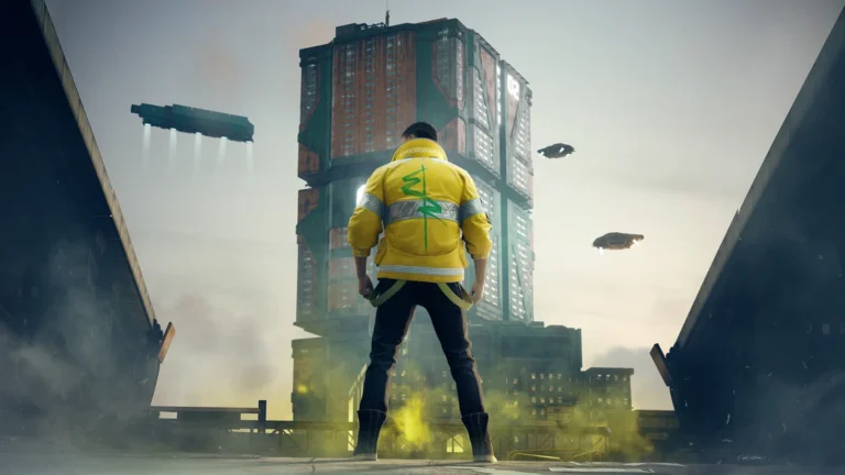Cyberpunk 2077 : V, veste jaune, face aux tours de Night City
