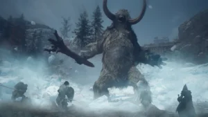 Un géant attaque l'Insurgé et ses Pions dans la neige de Norgan, dans Dragon's Dogma 2: Dark Arisen