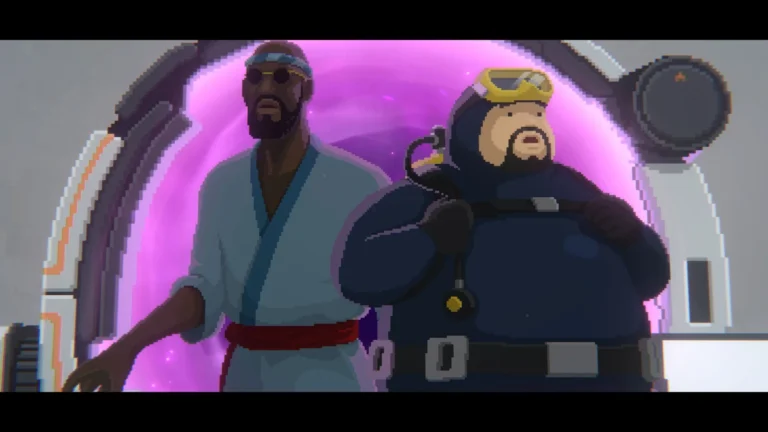 Dave the Diver, Dave et Bancho devant un portail violet dans le contenu Subnautica 2