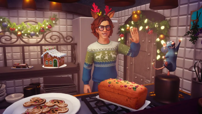 Disney Dreamlight Valley, un personnage cuisine des plats dans sa maison