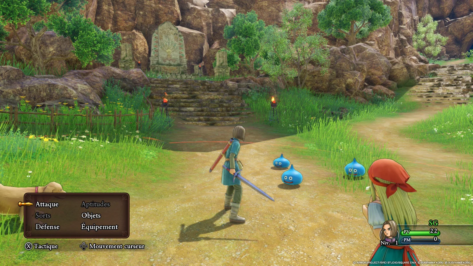 Dragon Quest XI S sur Switch 2 : combat contre trois gluants près de Caubaltin