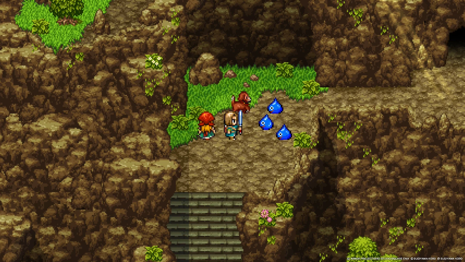 Dragon Quest XI S sur Switch 2 : le héros, son amie et trois gluants dans le mode 2D