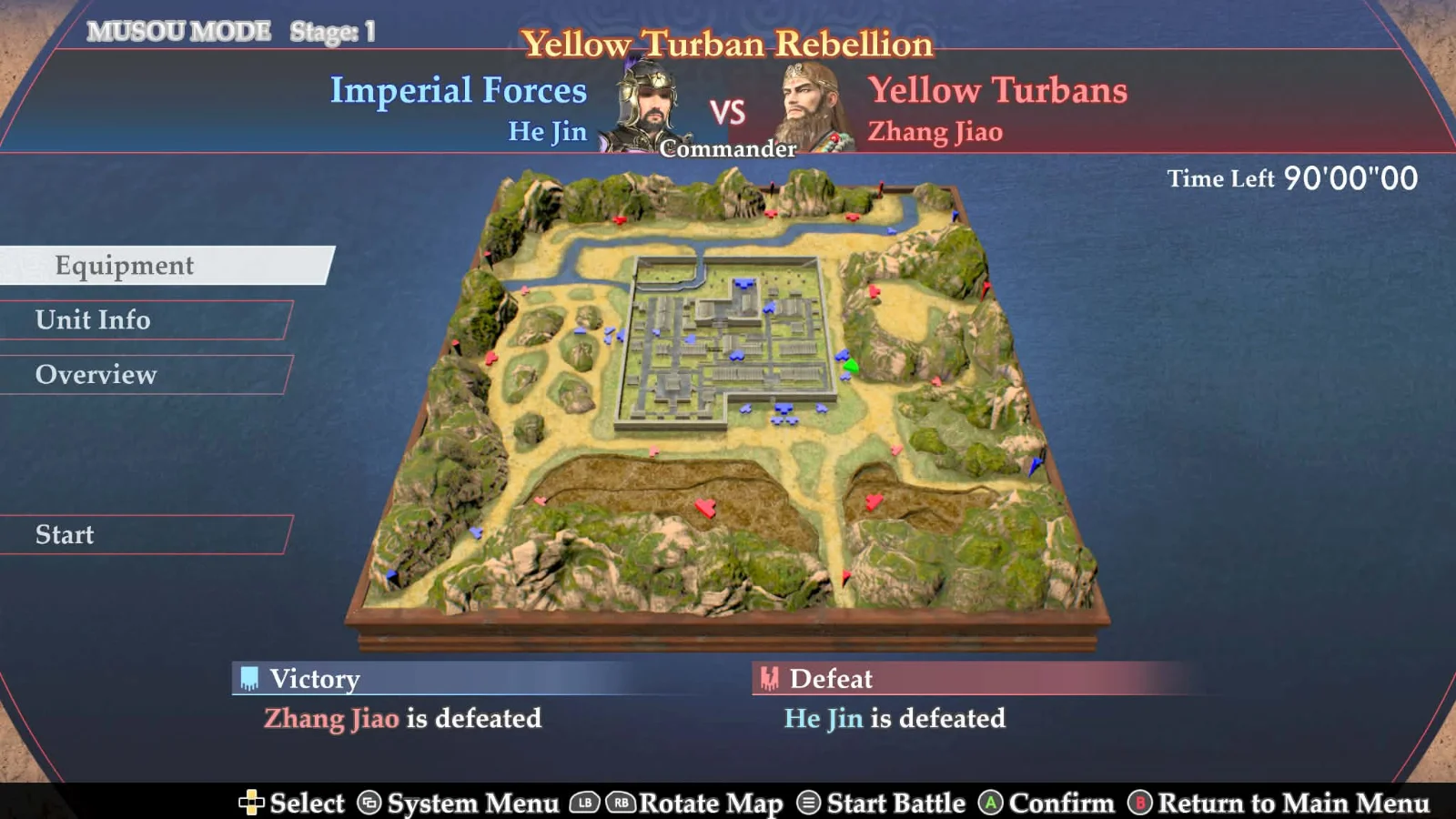 Dynasty Warriors 3 Complete Edition Remastered : carte de la rébellion des Turbans jaunes avant la bataille, interface en anglais