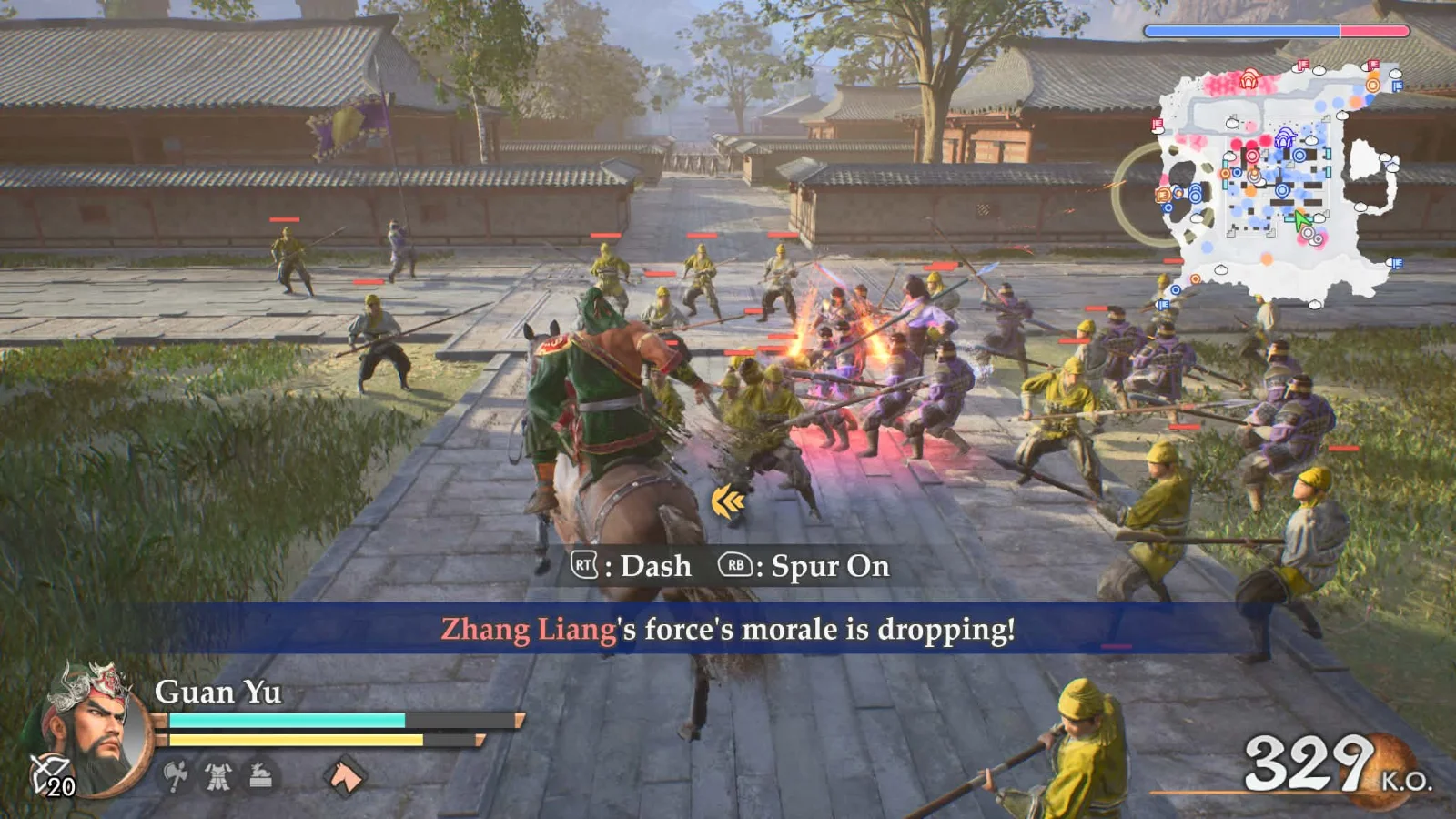 Dynasty Warriors 3 Complete Edition Remastered sur Xbox Series X : Guan Yu charge à cheval au milieu des Turbans jaunes