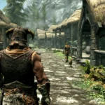 The Elder Scrolls V: Skyrim Special Edition, un aventurier dans un village