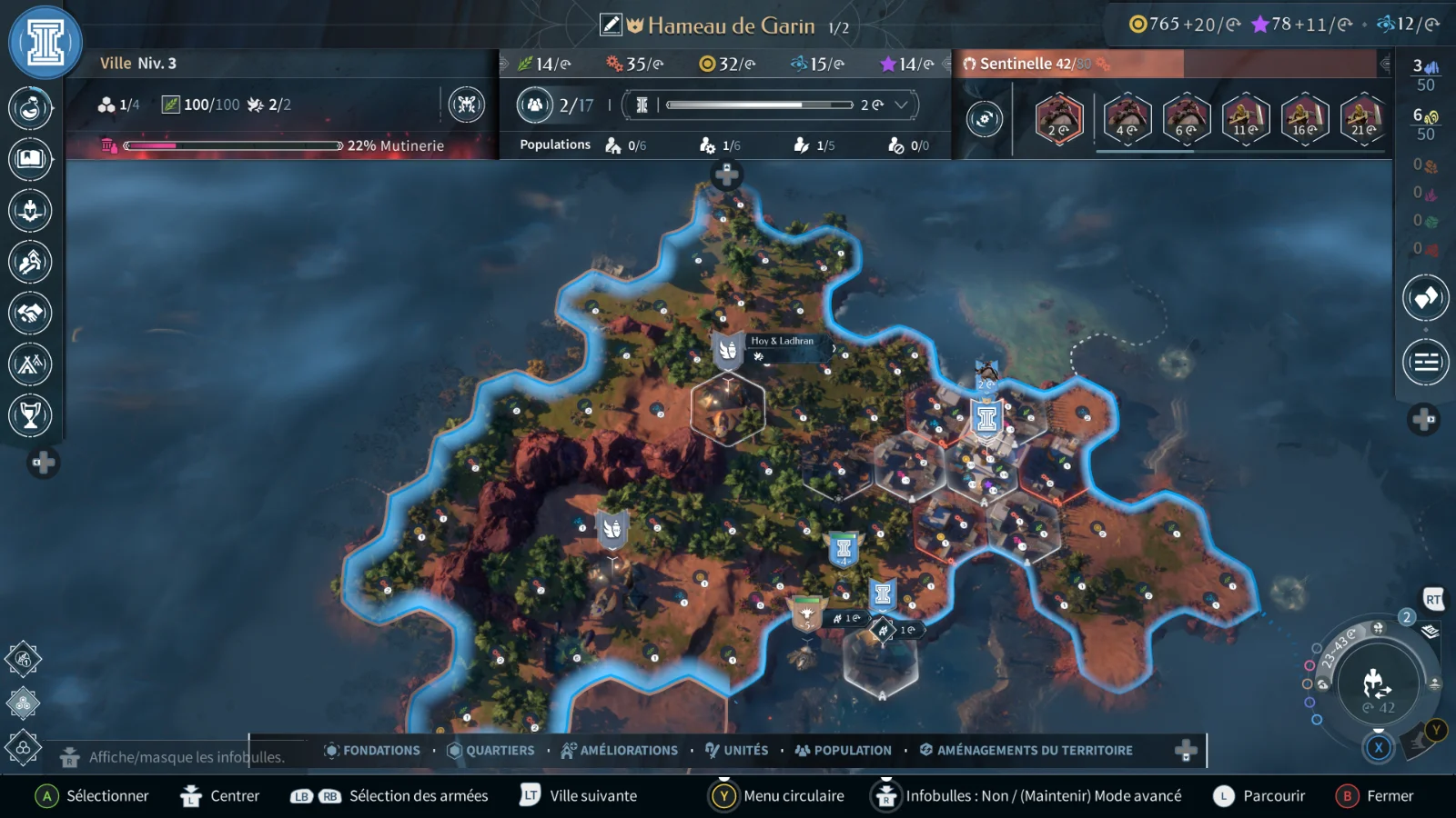 Endless Legend 2 sur Xbox Series X, la ville Hameau de Garin des Héritiers de Sheredyn et ses quartiers