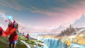 Un héros face aux cascades et à une cité de Saiadha, visuel officiel d'Endless Legend 2