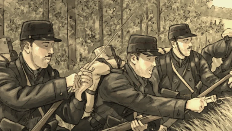 Soldats français de 1914 à l’assaut dans un bois, illustration de la bande dessinée Été 1914