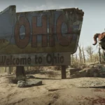 Fallout 76, un deathclaw près d un panneau de bienvenue en Ohio