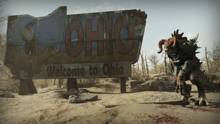 Fallout 76, un deathclaw près d un panneau de bienvenue en Ohio