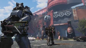 Fallout 76 : un personnage en armure assistée dans les Terres désolées