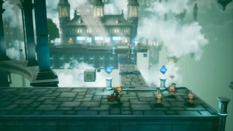 Un groupe de héros sur un pont de château dans Final Fantasy Resonance