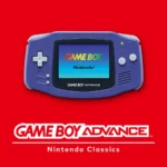 Game Boy Advance Nintendo Classics : la console Game Boy Advance violette sur fond rouge