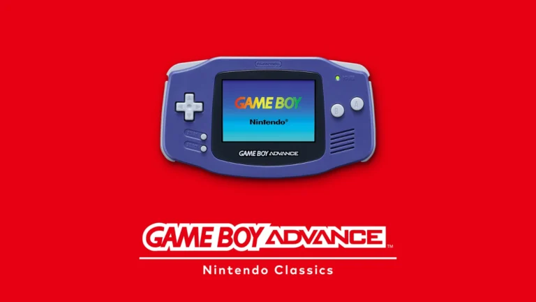 Game Boy Advance Nintendo Classics : la console Game Boy Advance violette sur fond rouge