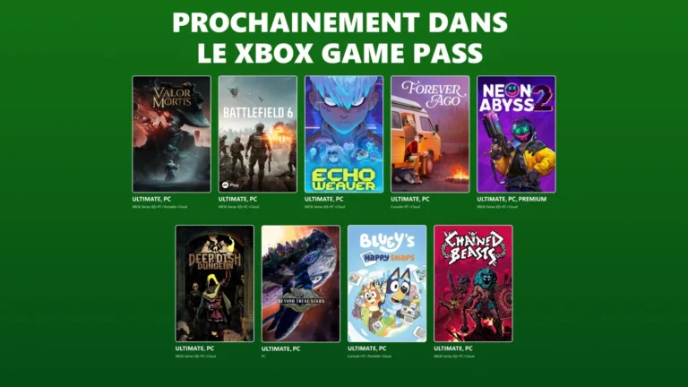 Visuel Xbox Game Pass annonçant les neuf jeux à venir : Valor Mortis, Battlefield 6, Echo Weaver, Forever Ago, Neon Abyss 2, Deep Dish Dungeon, Beyond These Stars, Bluey’s Happy Snaps et Chained Beasts