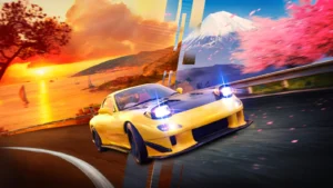 Une Mazda RX-7 jaune entre la côte méditerranéenne et le mont Fuji, visuel officiel de Gear.Club Unlimited 3