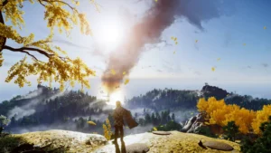 Ghost of Tsushima : Jin Sakai contemple l'île de Tsushima sous les arbres dorés