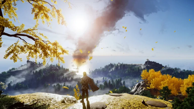 Ghost of Tsushima : Jin Sakai contemple l'île de Tsushima sous les arbres dorés