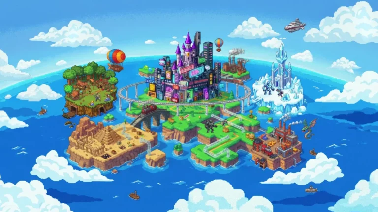 Google Playground : îles de jeux en pixel art sur un océan, visuel officiel de Google Labs