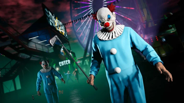 Un Slasher en costume de clown devant une fête foraine, événement Halloween de GTA Online