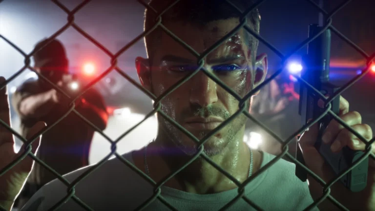 GTA VI : Jason Duval derrière un grillage, gyrophares de police en fond