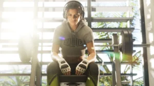 GTA VI : Lucia Caminos assise dans une salle de sport, casque sur les oreilles