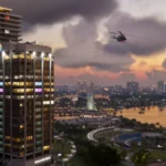 GTA VI : Vice City au coucher du soleil, avec ses tours et un hélicoptère