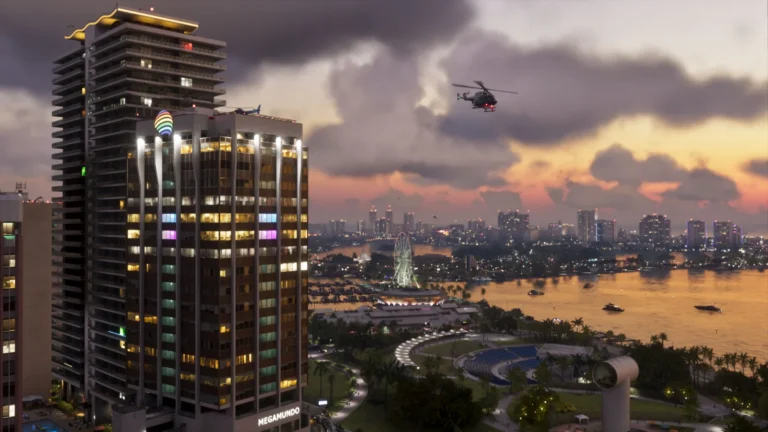 GTA VI : Vice City au coucher du soleil, avec ses tours et un hélicoptère