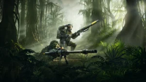 Helldivers 2 : deux Helldivers tireurs d'élite en tenue de camouflage dans la jungle, obligation de guerre Vision autoritaire
