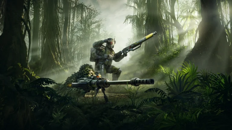 Helldivers 2 : deux Helldivers tireurs d'élite en tenue de camouflage dans la jungle, obligation de guerre Vision autoritaire