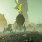 Un Helldiver face à une créature sur une planète verdoyante dans Helldivers 2