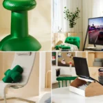 Quatre pièces de la collection YXSTABY : tabouret joystick, support TV à roulettes, fauteuil gaming avec coussin croix directionnelle et support ordinateur