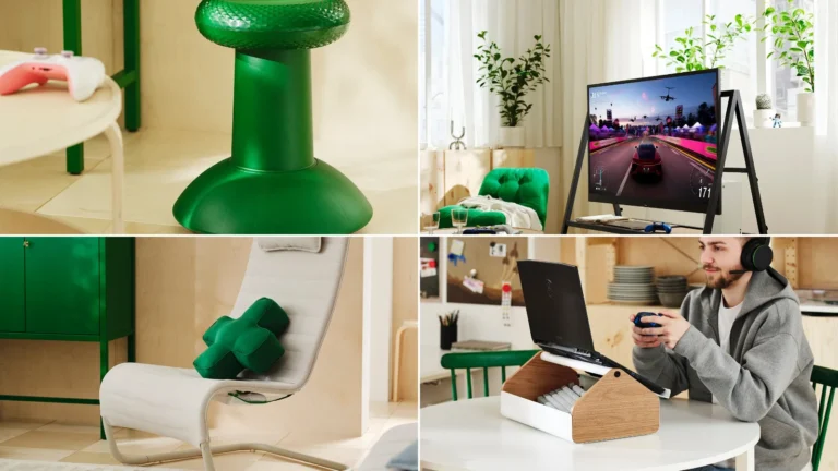 Quatre pièces de la collection YXSTABY : tabouret joystick, support TV à roulettes, fauteuil gaming avec coussin croix directionnelle et support ordinateur