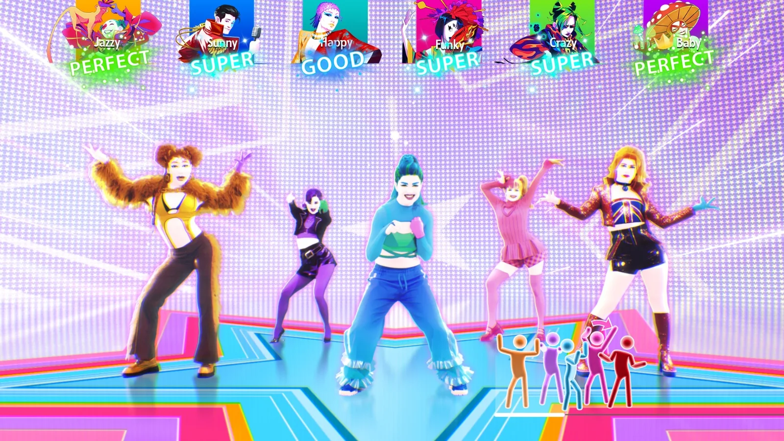 Just Dance: Decades of Hits : des danseurs en tenue colorée sur une chorégraphie