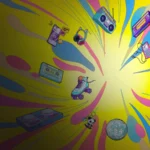 Just Dance: Decades of Hits : cassettes, patins à roulettes et boule à facettes sur fond jaune