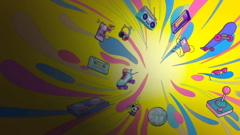 Just Dance: Decades of Hits : cassettes, patins à roulettes et boule à facettes sur fond jaune