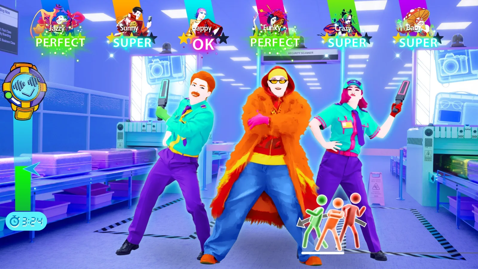 Just Dance: Decades of Hits, trois danseurs sur une chorégraphie colorée