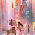 Ahri traverse une rue avec un chariot de bagages, illustration du carnet K/DA Tempo Point