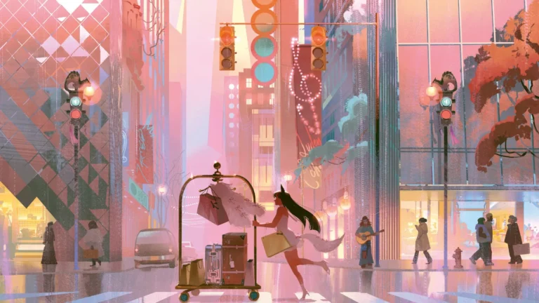 Ahri traverse une rue avec un chariot de bagages, illustration du carnet K/DA Tempo Point