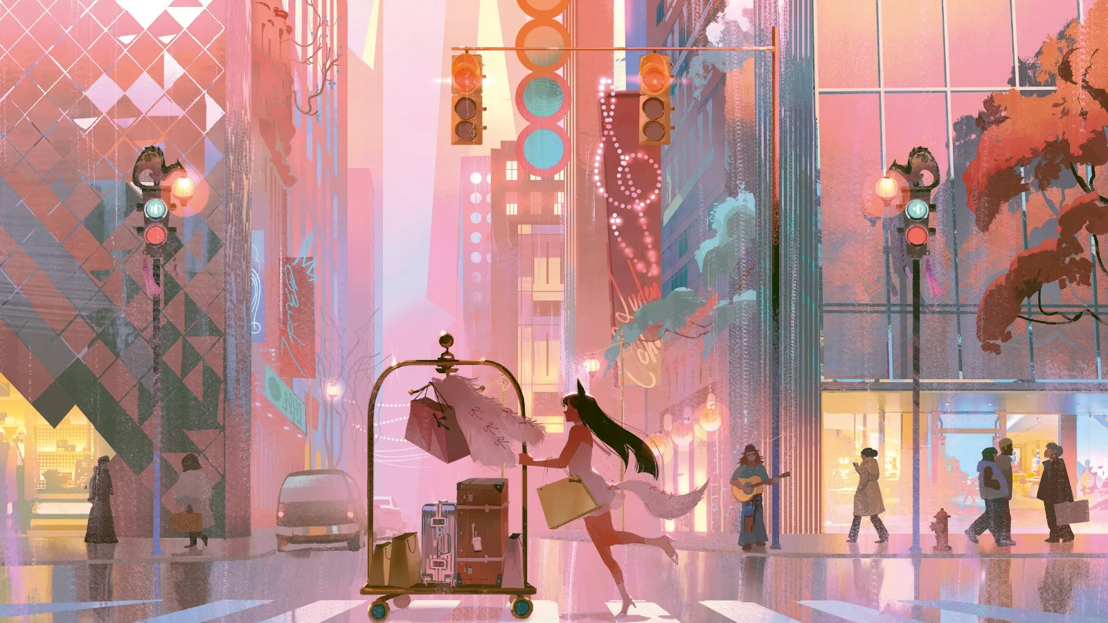 Ahri traverse une rue avec un chariot de bagages, illustration du carnet K/DA Tempo Point