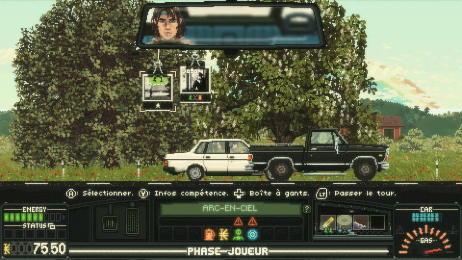 Keep Driving sur PC : un arc-en-ciel devient une rencontre, rétroviseur au premier plan