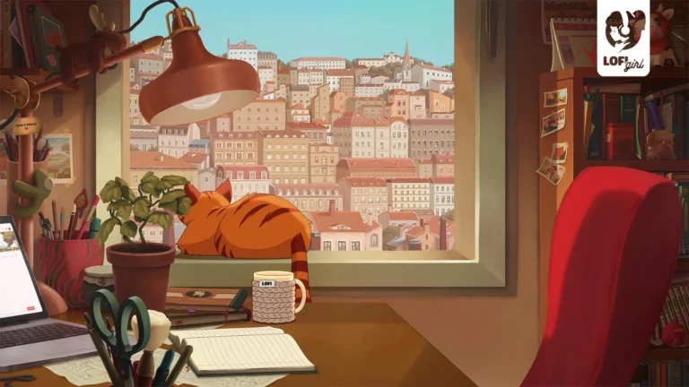 Le bureau de Lofi Girl vide devant la fenêtre, visuel officiel du lancement de Lofi House