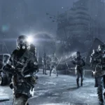 Des soldats masqués avancent dans une rue enneigée de Moscou dans Metro 2033 Redux